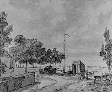 Galamadammen 1796 met veer. Links de oude herberg
