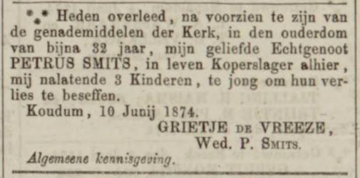 Petrus Smits LC 12 juni 1874